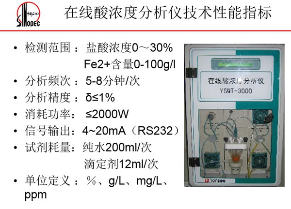 在線酸濃度分析儀技術性能指標：分析頻次5-8分鐘；消耗功率<=2000W;信號輸出4－20mA等