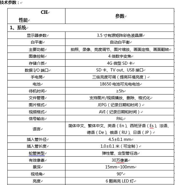 CIE便攜式汽修內(nèi)窺鏡圖像控制、數(shù)據(jù)I/O接口、插入管外徑、長度等主要性能技術(shù)指標(biāo)