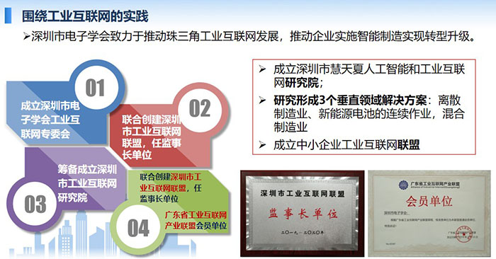 圍繞工業(yè)互聯(lián)網(wǎng)的實踐：深圳市電子學會致力于推動珠三角工業(yè)互聯(lián)網(wǎng)發(fā)展，推動企業(yè)實施智能制造實現(xiàn)轉(zhuǎn)型升級。