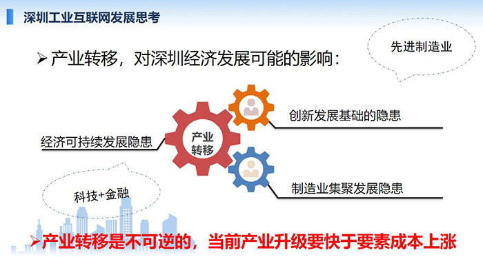 產(chǎn)業(yè)轉(zhuǎn)移，對深圳經(jīng)濟發(fā)展可能的影響：創(chuàng)新發(fā)展基礎(chǔ)的隱患、經(jīng)濟可持續(xù)發(fā)展隱患、制造業(yè)集聚發(fā)展隱患；產(chǎn)業(yè)轉(zhuǎn)移是不可逆的， 當前產(chǎn)業(yè)升級要快于要素成本上漲