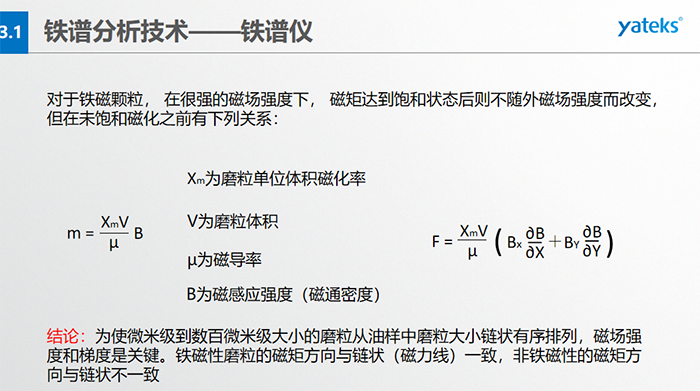 鐵譜儀中顆粒的沉積過程：含有磨粒的油樣流經磁場時，磨粒受到重力、 液體浮力、 磁場力和顆粒 下落過程中所受油液粘滯阻力的聯合作用。  重力和浮力的合力同磁場力相比是很小的，可以忽略不計，在磨粒的沉積過程中，磁場力和粘滯阻力起著決定性的作用。